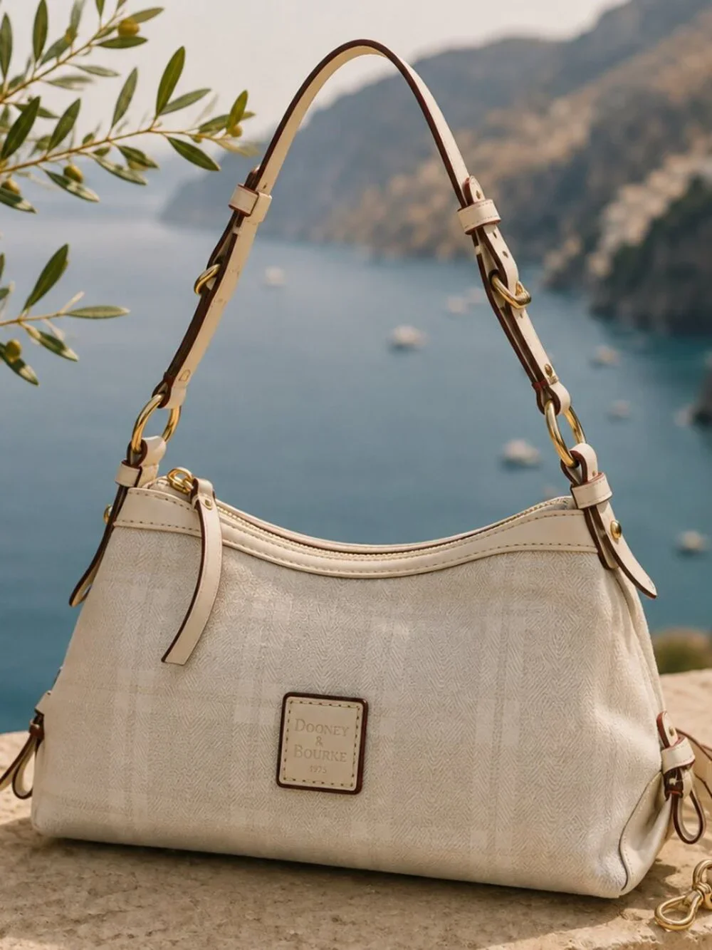 Vintage Dooney & Bourke Ivory Jacquard Shoulder Bag Classic Leather Trim Hobo
